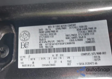 2016 Ford F-150 Xlt из США, поврежденный, VIN 1FTEW1EF5GFC68816